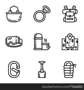 Tourist equipment icon set. Outline set of 9 tourist equipment vector icons for web design isolated on white background. Tourist equipment icon set, outline style