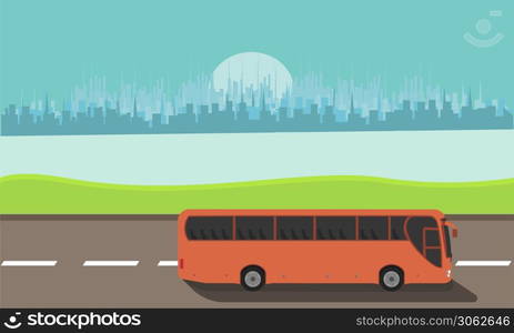 Tourist express bus rides on the road against the backdrop of the cityscape concept vector flat illustration design banner