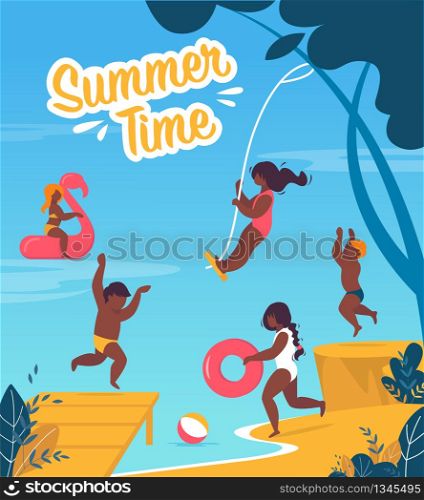 Tourist Flyer is Written Summer Time Cartoon. Summer Colorful Banner Childrens Summer Camp at Water. Poster Happy Children Jump and Have Fun on Coast Sea or Ocean. Vector Illustration.. Tourist Flyer is Written Summer Time Cartoon.
