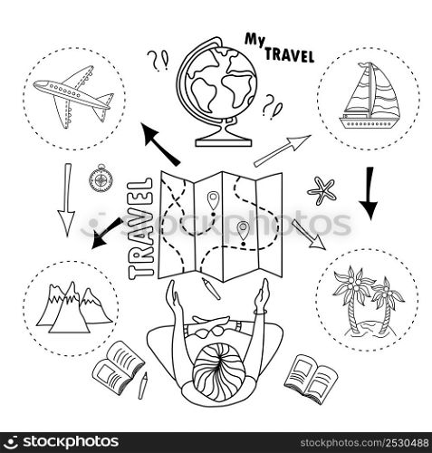 Tourist girl. Chooses and plans trip. Sea or mountains. Doodle set of tourism and transport. Infographic poster. Elements are isolated. Vector illustration