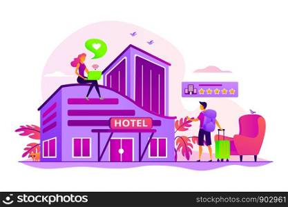 Tourist giving rating stars to hotel. Traveler accommodation. Hospitality industry. Design hotel, modern architecture, unique interior decoration concept. Vector isolated concept creative illustration. Design hotel concept vector illustration