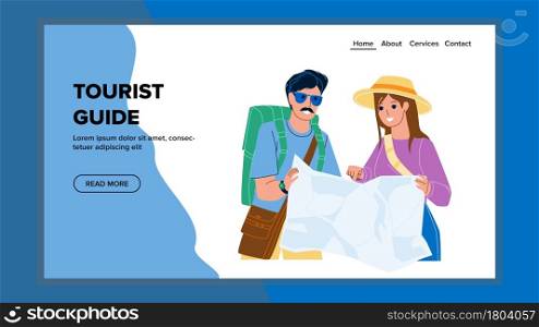 Tourist Guide Researching Travelers Couple Vector. Travelers Looking At Tourist Guide Map For Search Urban Monument And Interesting Place. Characters Traveling Web Flat Cartoon Illustration. Tourist Guide Researching Travelers Couple Vector