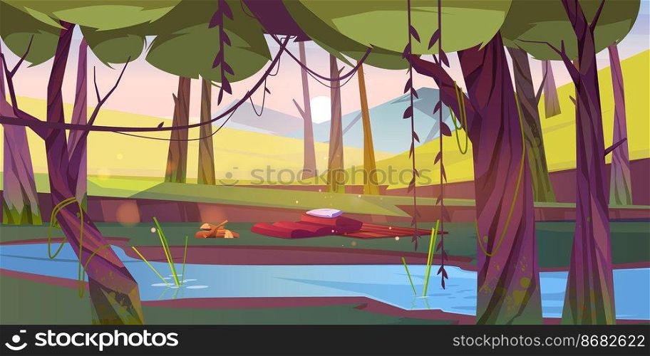 Tourist halt at forest pond, camping place with logs for campfire and traveler stuff sleeping bag, mat and pillow on nature landscape with green trees. Scenery summer wood Cartoon vector illustration. Tourist halt at forest pond, camping place in wood