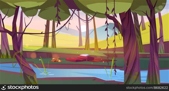 Tourist halt at forest pond, camping place with logs for campfire and traveler stuff sleeping bag, mat and pillow on nature landscape with green trees. Scenery summer wood Cartoon vector illustration. Tourist halt at forest pond, camping place in wood