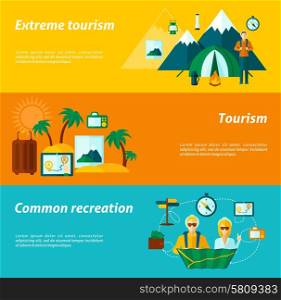 Tourist horizontal banner set with extreme and common recreation elements isolated vector illustration. Tourist Banner Set