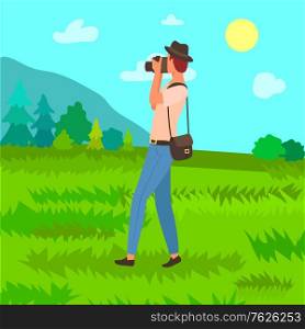Tourist in hat with photo camera, man photographer with bag on shoulder making photos of mountains scenery. Vector traveler enjoy outdoors landscapes. Flat cartoon. Tourist in Hat with Photo Camera, Man Photographer