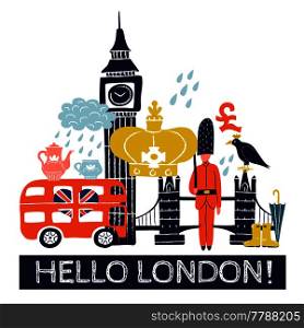 Tourist london poster with royal crown, pound sign, double decker bus, tower bridge, big ben vector illustration. Tourist London Poster