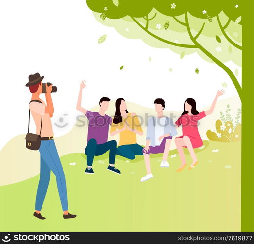 Tourist making photo of friends sitting together under tree. Vector young man and woman spend time together, people making pictures, professional photographer. Tourist Makes Photo of Friends Together Under Tree