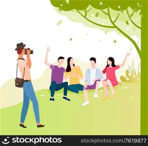 Tourist making photo of friends sitting together under tree. Vector young man and woman spend time together, people making pictures, professional photographer. Tourist Makes Photo of Friends Together Under Tree