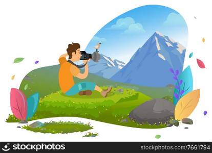 Tourist man sitting on grass and taking photo of mountain landscape. Little bird on top of camera lens. Nature photography, hiking vector illustration. Tourist Taking Photo of Mountain Landscape Vector