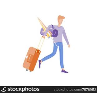 Tourist man with laggage travelling alone, go on journey. Traveler in various activity with luggage and equipment. Vector illustration. Tourist man with laggage travelling alone, go on journey. Traveler in various activity with luggage and equipment