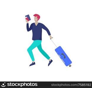 Tourist man with laggage travelling alone, go on journey. Traveler in various activity with luggage and equipment. Vector illustration. Tourist man with laggage travelling alone, go on journey. Traveler in various activity with luggage and equipment