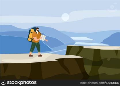Tourist man with map and backpack performing outdoor touristic activity. Tourist man with map and backpack performing outdoor touristic activity. Mountain panorama landscape. Adventure travel, hiking walking trip tourism wild nature trekking. Flat cartoon colorful vector illustration