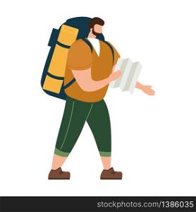 Tourist man with map and backpack performing outdoor touristic activity. Tourist man with map and backpack performing outdoor touristic activity. Adventure travel, hiking walking trip tourism wild nature trekking. Flat cartoon colorful vector illustration