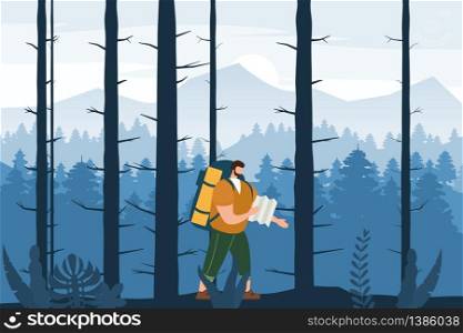 Tourist man with map and backpack performing outdoor touristic activity. Tourist man with map and backpack performing outdoor touristic activity. Forest trees mountain landscape. Adventure travel, hiking walking trip tourism wild nature trekking. Flat cartoon colorful vector illustration