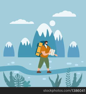 Tourist man with map and backpack performing outdoor touristic activity. Tourist man with map and backpack performing outdoor touristic activity. Forest trees mountain landscape. Adventure travel, hiking walking trip tourism wild nature trekking. Flat cartoon colorful vector illustration
