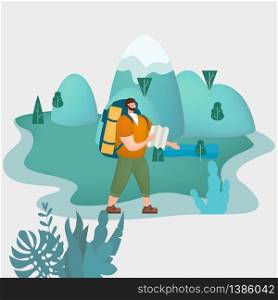 Tourist man with map and backpack performing outdoor touristic activity. Tourist man with map and backpack performing outdoor touristic activity. Mountain landscape. Adventure travel, hiking walking trip tourism wild nature trekking. Flat cartoon colorful vector illustration
