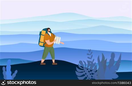 Tourist man with map and backpack performing outdoor touristic activity. Tourist man with map and backpack performing outdoor touristic activity. Minimal landscape. Adventure travel, hiking walking trip tourism wild nature trekking. Flat cartoon colorful vector illustration