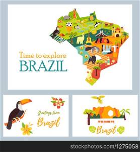 Tourist map of Brazil with landmarks and animals. Set of tourist cards. Tourist map of Brazil with landmarks and animals. Set of tourist cards.