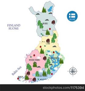 Tourist map of Finland, administrative districts and main cities, seven symbols of the country-birch, seven-point ladybug, granite, Swan, perch, Lily of the valley, bear. Vector illustration
