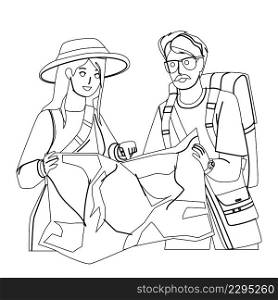 Tourist Map Research Man And Woman Couple Black Line Pencil Drawing Vector. Travelers Researching Tourist Map And Searching Monument Location Or Direction Way. Characters Traveling Illustration. Tourist Map Research Man And Woman Couple Vector