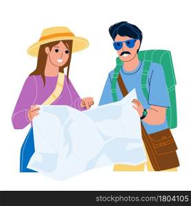 Tourist Map Research Man And Woman Couple Vector. Travelers Researching Tourist Map And Searching Monument Location Or Direction Way. Characters Traveling Flat Cartoon Illustration. Tourist Map Research Man And Woman Couple Vector