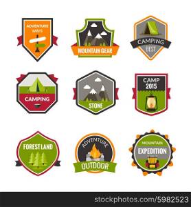 Tourist mountain expedition and camping label set isolated vector illustration. Tourist Label Set