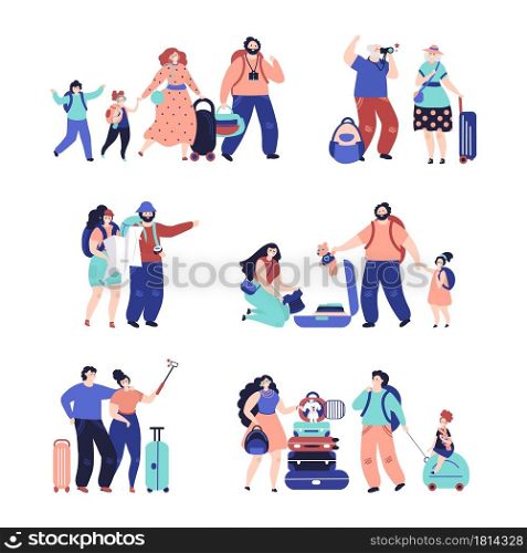 Tourist people. Travel couple, isolated travellers with luggage. Vacation person selfie, happy family with decent suitcase vector characters. Tourist journey with luggage and bag, people boarding. Tourist people. Travel couple, isolated travellers with luggage. Vacation person selfie, happy family with decent suitcase vector characters