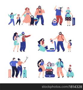 Tourist people. Travel couple, isolated travellers with luggage. Vacation person selfie, happy family with decent suitcase vector characters. Tourist journey with luggage and bag, people boarding. Tourist people. Travel couple, isolated travellers with luggage. Vacation person selfie, happy family with decent suitcase vector characters