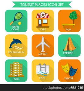 Tourist places decorative icons set of airport camping hotel isolated vector illustration