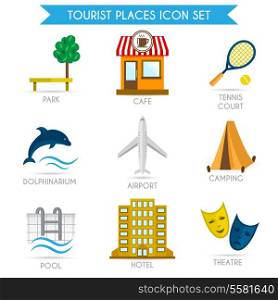 Tourist places decorative icons set of park cafe tennis court isolated vector illustration