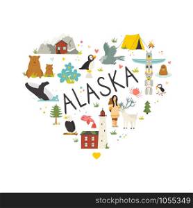 Tourist poster with famous destinations and landmarks of Alaska. Explore Alaska concept image. For banner, travel guides, prints, books. Tourist poster with animals, landmarks of Alaska