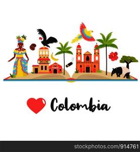 Tourist poster with famous destinations and landmarks of Colombia. Explore Colombia concept image. For banner, travel guides. Tourist poster with famous destination of Colombia