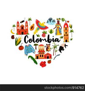 Tourist poster with famous destinations and landmarks of Colombia. Explore Colombia concept image. For banner, travel guides. Tourist poster with famous destination of Colombia