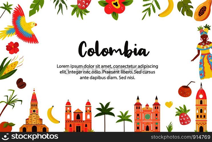 Tourist poster with famous destinations and landmarks of Colombia. Explore Colombia concept image. For banner, travel guides, posters. Tourist poster with famous destination of Colombia