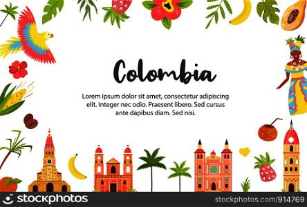 Tourist poster with famous destinations and landmarks of Colombia. Explore Colombia concept image. For banner, travel guides, posters. Tourist poster with famous destination of Colombia