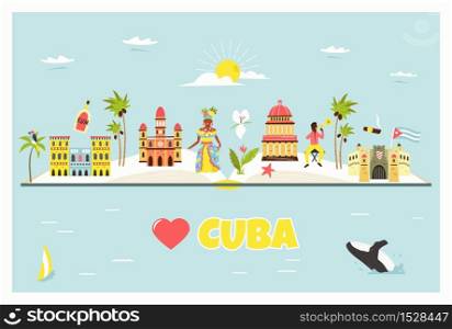 Tourist poster with famous destinations and landmarks of Cuba. Explore Cuba concept image. For banner, travel guides. Tourist poster with famous destinations and landmarks of Cuba. Explore Cuba concept image.