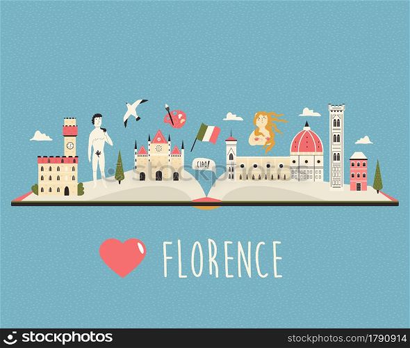 Tourist poster with famous destinations and landmarks of Florence. Explore Italy concept design.. Tourist poster with famous destinations and landmarks of Florence