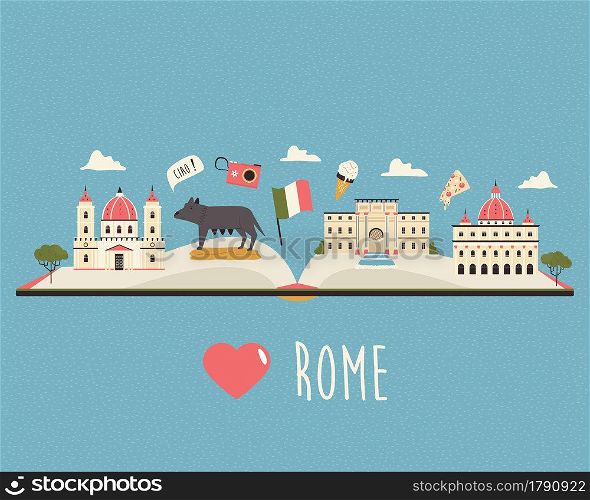 Tourist poster with famous destinations and landmarks of Rome. Explore Italy concept design.. Tourist poster with famous destinations and landmarks of Rome.