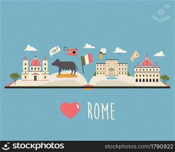 Tourist poster with famous destinations and landmarks of Rome. Explore Italy concept design.. Tourist poster with famous destinations and landmarks of Rome.