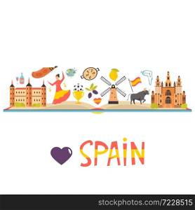 Tourist poster with famous destinations and landmarks of Spain. Explore Spain concept image. For banner, travel guides. Tourist poster with famous destinations and landmarks of Spain. Explore Spain concept image.