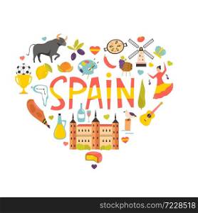 Tourist poster with famous destinations and landmarks of Spain. Explore Spain concept image. For banner, travel guides. Tourist poster with famous destinations and landmarks of Spain. Explore Spain concept image.