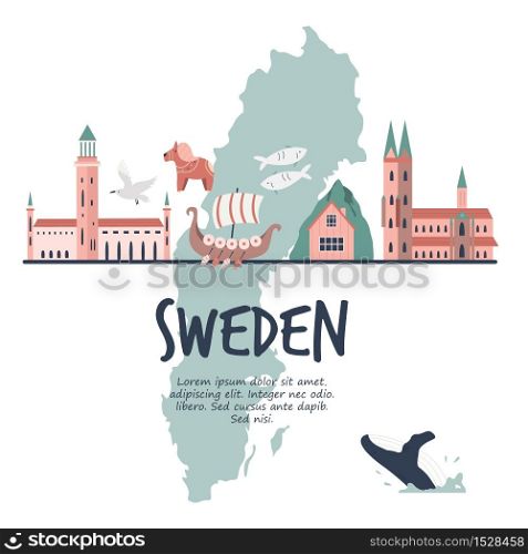 Tourist poster with famous destinations and landmarks of Sweden. Explore Sweden concept image for banners, travel guides. Tourist poster with famous destinations and landmarks of Sweden. Explore Sweden concept image.