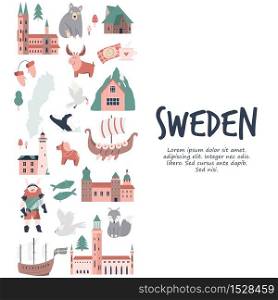 Tourist poster with famous destinations and landmarks of Sweden. Explore Sweden concept image for banners, travel guides. Tourist poster with famous destinations and landmarks of Sweden. Explore Sweden concept image.