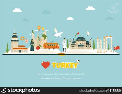 Tourist poster with famous destinations and landmarks of Turkey Istanbul, Pergamum, Ephesus, Cappadocia, Pamukkale, Sanliurfa. Explore Turkey abstract design. For banner, travel guides, prints. Turkey concept image with landmarks and symbols