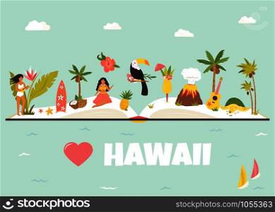 Tourist poster with famous landmarks and animals of Hawaii. Explore USA concept image. For banner, travel guides. Tourist poster with famous landmarks of Hawaii.