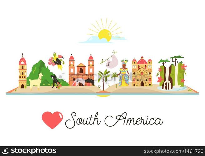 Tourist poster with famous symbols, animals, landmarks, buildings of South America. Explore South America concept image. For banner, travel guides. Tourist poster with symbols, animals of South America
