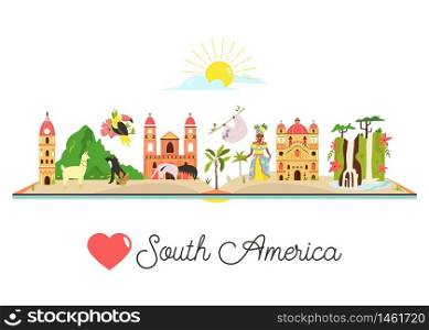 Tourist poster with famous symbols, animals, landmarks, buildings of South America. Explore South America concept image. For banner, travel guides. Tourist poster with symbols, animals of South America