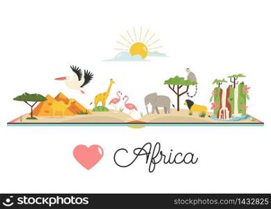 Tourist poster with famous symbols, animals of Africa. Explore Africa concept image. For banner, travel guides. Tourist poster with symbols, animals of Africa