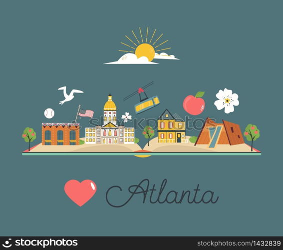 Tourist poster with traditional buildings, famous symbols of Atlanta. Explore city concept image. For banner, travel guides. Tourist poster, banner with symbols of Atlanta